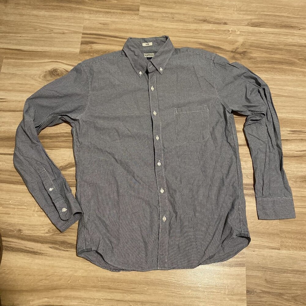 J. Crew Slim Fit Navy Gingham Button-Up Shirt, L Large
